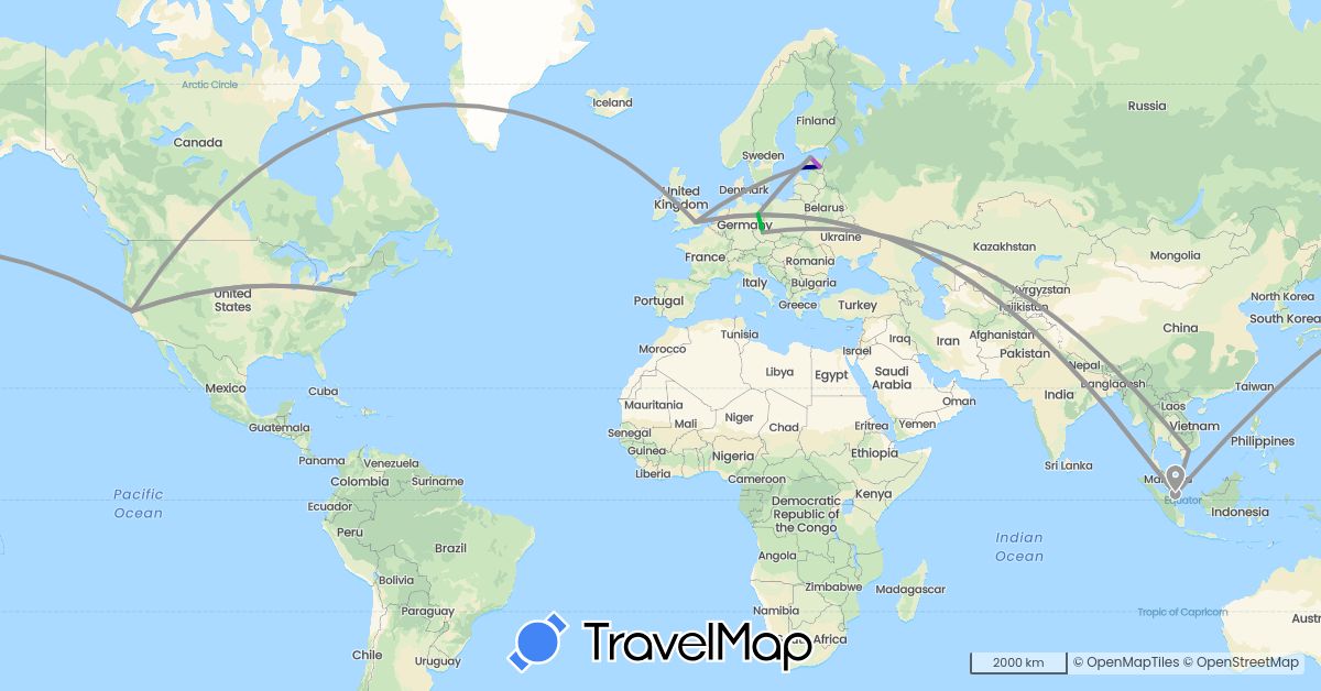TravelMap itinerary: driving, bus, plane, train in Czech Republic, Germany, Estonia, United Kingdom, Singapore, United States, Vietnam (Asia, Europe, North America)